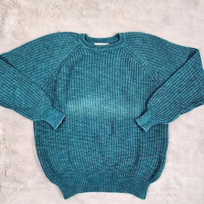 Vintage LL Bean Men's Chunky Knit Sweater Teal Cotton Size Large Made In USA • $23