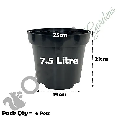 7.5 Litre Black Plant Pots Plastic Round Flower Pot  L LT High Quality Qty = 6 • £8.75