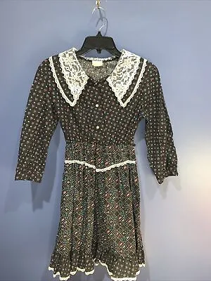 Small Cottage Core Prairie Dress Vintage 1970’s Robyn Sue Black Floral • $65