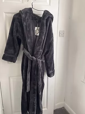 M&s Rosie Charcoal Fleece Dressing Gown With Hood Large Rrp £45 • £24.99