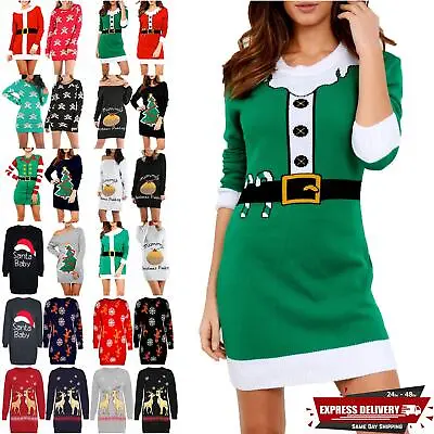 Womens Ladies Xmas Elf Costume Christmas Knit Jumper Mini Dress Plus Size 8-22 • £13.69