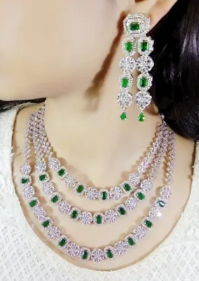 Bollywood Designer Indian Silver Plated AD CZ Necklace Jhumka Ear Set • $43.60