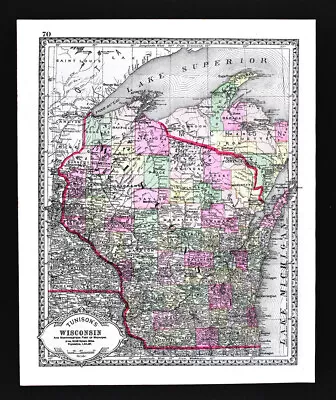1886 Tunison Map Wisconsin Upper Michigan Madison Eau Claire Hayward Marquette • $39.99