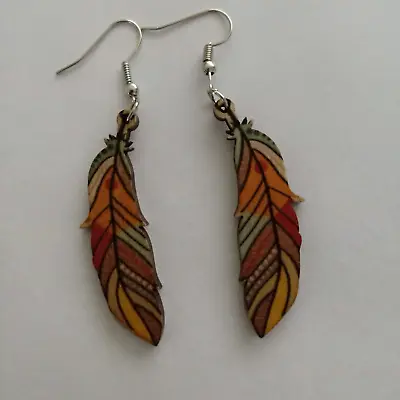 Bohemia Vintage Wood Feather Dangle Earrings Hooks Lightweight Jewellery AUS • $7.50