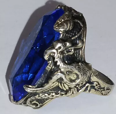 Antique Vintage Gryphon Griffin Dragon Blue Glass Marked Sterling Silver Ring 5 • $225.99