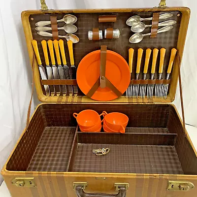 Picnic Set Suitcase Style Basket 6 Plates Cups Knives Spoon Forks Brown 40s Vtg • $104.45