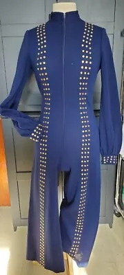 Vintage 1970s Long Sleeve Navy Belted Jumpsuit With Studs • $225