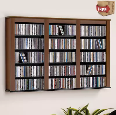 Wooden Media Storage Cabinet CD DVD Organizer Wall Mount Shelf Cherry Finish • $169.97