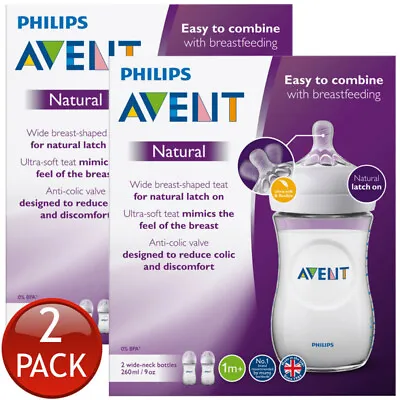 $53.40 • Buy 2 X Philips Avent Natural Feeding Bottle 1M+ 260Ml 2 Pack Anti Colic Wide Neck