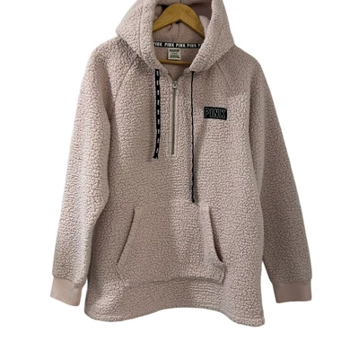 $33.77 • Buy Victoria's Secret PINK Sherpa Pullover 1/2 Zip Sweatshirt Hoodie Pink Womens Med