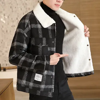 Winter Fur Men Jacket Plaid Parka Coat Male Casual Outwear Thick Warm Overcoat • $50.46