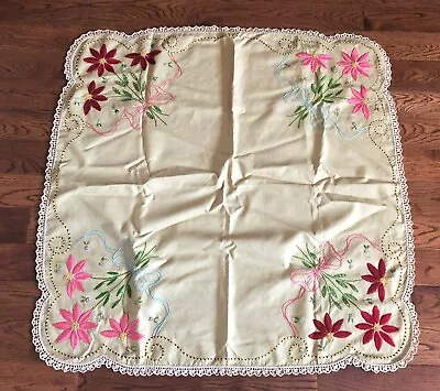 Vintage Arts&Crafts Embroidered Hand Stitched Floral Square Bridge Table Cloth • $26.89