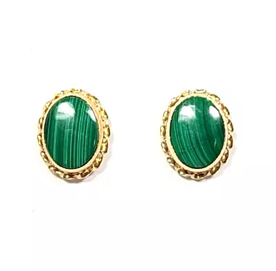 14k Yellow Gold Green Malachite Oval Stud Earrings • $119