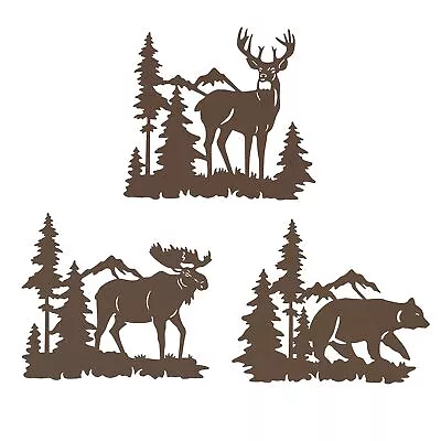 Metal Wall Art Decor Deer Bear Moose In The Forest Pine Tree 9.3inch Set Of ... • $34.82