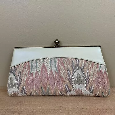 Vintage Boho Feathers Tapestry Clutch Purse Womens Pastel Pink Ivory Evening Bag • $28.85