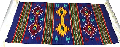 Fantastic VTG Zapotec? DESIGN Handwoven Wool Mexican Area RUG 22  X 39” BLUES • $40