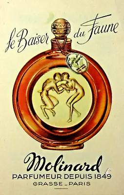 Vintage Lalique Perfume Bottle Ad Card Le Baiser Du Faune Molinard Paris 1940-50 • $27.33