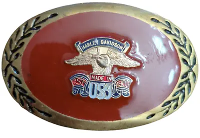 Vintage Motor Harley Davidson Belt Buckle Red Enamel Eagle Metal MADE IN USA • $29.99