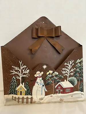 Vintage Metal Christmas Snowmen Card Holder Hand Painted Wall Hanging • $12