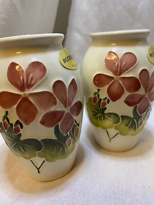 Matching Pair Of Pink Geranium MOORCROFT Cabinet Vases 4.25” Tall • $82.95