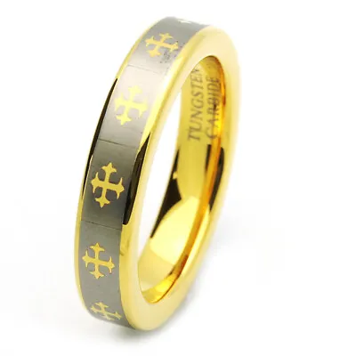 Men 5MM Comfort Fit Tungsten Carbide Wedding Band Gold Tone Celtic Cross Ring • $29.99