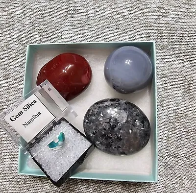 Lot Of 4 Namibian Gem Silica Mookaite And Larvikite Palmstones Agate Sphere  • $20