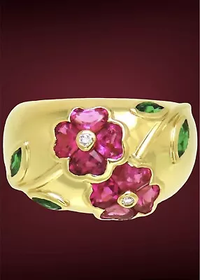 Van Cleef & Arpels 18k Yellow Gold Pink Sapphire Emerald Flower Ring • $8500