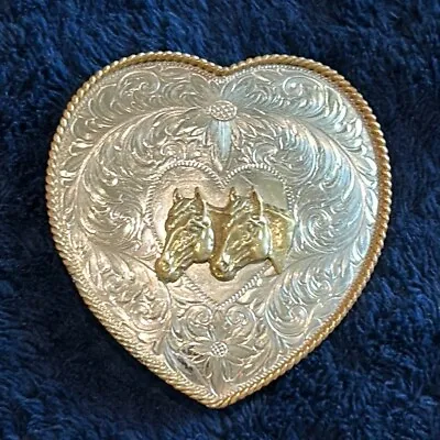 Montana Silversmiths German Silver Single Heart Horse Heads Belt Bucke Large • $75