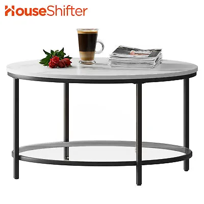 Dual Tier Round Coffee Table W/ Glass Open Shelf Storage Marble Living Room • $72.43