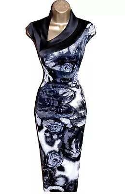 Karen Millen UK 12 (US 8)  STUNNING BLACK WHITE ROSE PRINT SATIN PENCIL DRESS • £69.99