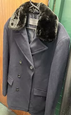 Mens French Connection Double BreastedReefer Coat With Removable Fake Fur Collar • $47.29