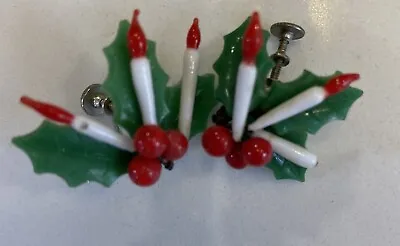 Vintage Screw-On Plastic Holly Berries Christmas Earrings With Candles • $11.99