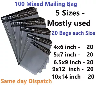 100 MIXED SIZES Grey Postage/Poly/Postal Mailing Bags/Sacks/Envelopes Self Seal • £5.79