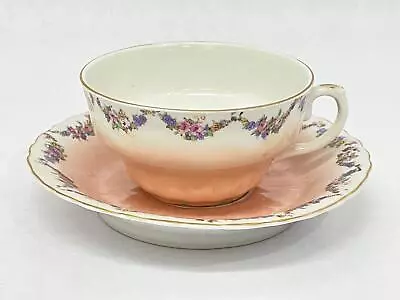 Vtg Merkelsgrun Porcelain Tea Cup And Saucer White And Pink Floral Wreath • £21.27