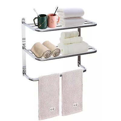 2 Tier Wall Mounted Towel Rack Bathroom Hotel Rail Holder Storage Shelf Chrome • $31