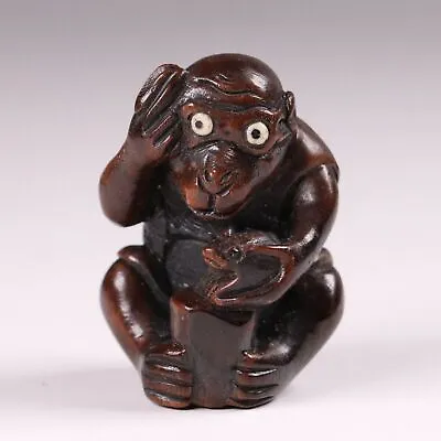 Antique Japanese Wood Carved Signed Netsuke Monkey Holding A Frog Meiji Era • £288.70