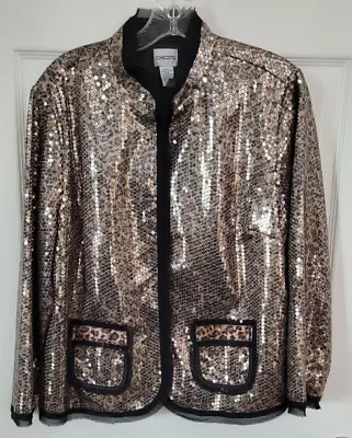 Vintage - CHICO'S Metallic Leopard - Sequin Embellished Jacket - Size 2 - NICE • $32.99