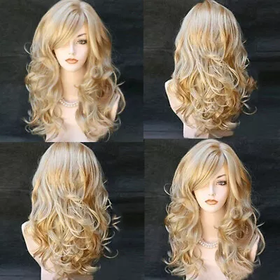 Pop Womens Golden Blond Heat Resistant Long Curly Wavy Full Volume Hair Wig USA • $21.99