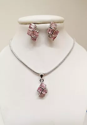 Fashion Party Cubic Zirconia Pendant  Earrings Set Pink Colour With Silver Chain • $7.99