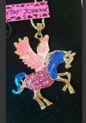 $9.48 • Buy BetseyJohnson Pink & Blue Enamel Crystal Flying Pegasus Horse Pendant Necklace