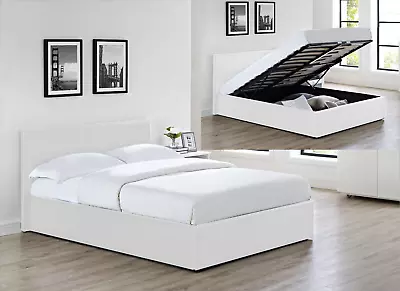 White Faux Leather Ottoman Storage Bed Gas Lift Bedframe With Mattress Options • £179.99