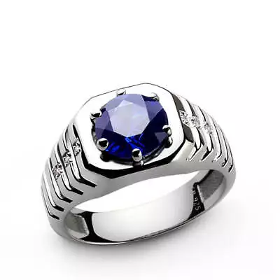 Ridged Silver Ring For Men Diamonds And Round Gemstone • £143.76