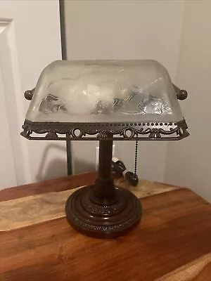 Vintage Bronze Bankers Lamp Frost Etched Glass Antique Style Desk Lamp. • $47.99