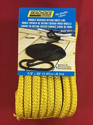 DOCK LINE DOUBLE BRAIDED NYLON ROPE 1/2  X 20' YELLOW SEACHOICE 39911 • $26.99