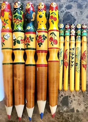 Large Russian Hand Painted Girl Flowers Pencil Pens Wooden Nesting Dolls Lot (B9 • $19.99