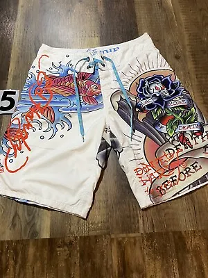 Ed Hardy By Christian Audigier Board Shorts Death Before Dishonor Size 31 White  • $34.99