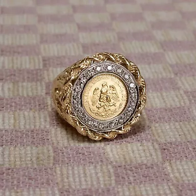 14k Yellow Gold Plated Mexican Dos Coin Round Cut Moissanite Nugget Ring For Men • $264.72