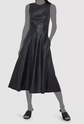 $1695 Vince Womens Black Leather Sleeveless Jewel Neck Midi A-line Dress Size 2 • $542.78