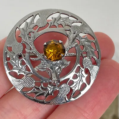 Vtg MIZPAH SCOTTISH THISTLE DEER Brooch Silver Faux Citrine Rhinestone Celtic • $22