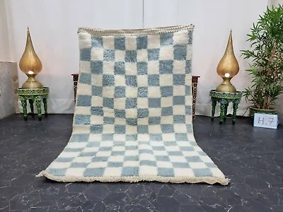 Handmade Moroccan Beni Ourain Rug 4'x6'1'' Checkered White Light Blue Wool  Rug  • $342